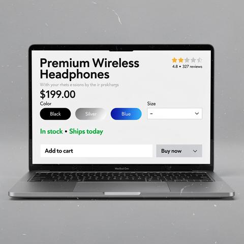 Mockup de ficha de producto con variantes, stock y reseñas