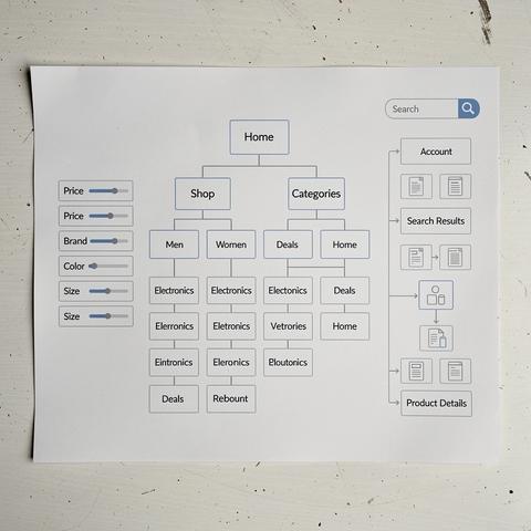 Mapa de arquitectura de información con categorías, filtros y búsqueda